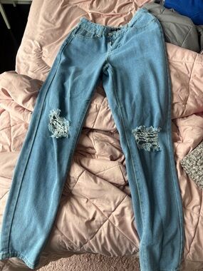 Nasty Gal Light Blue Distressed Straight Leg Jeans